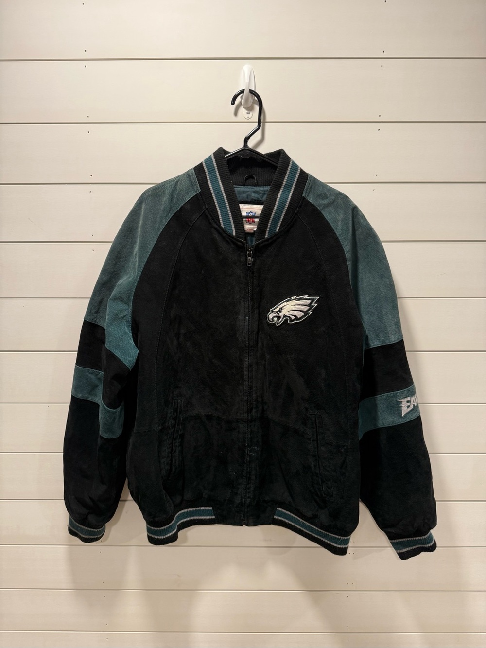 NFL Philadelphia Eagles Black & Teal Suede Bomber Jacket